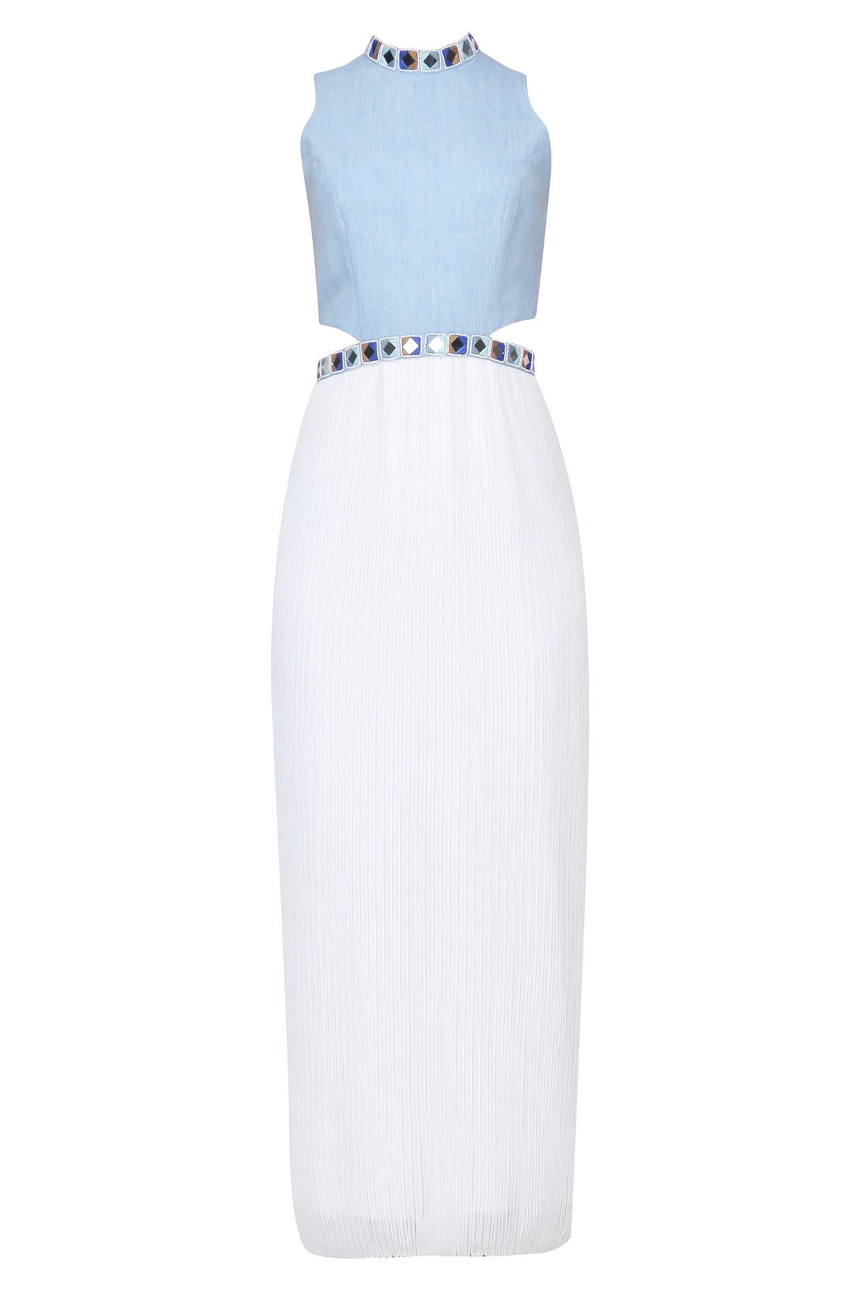 SKY BLUE AND WHITE MIRROR EMBROIDERED PLEATED GOWN