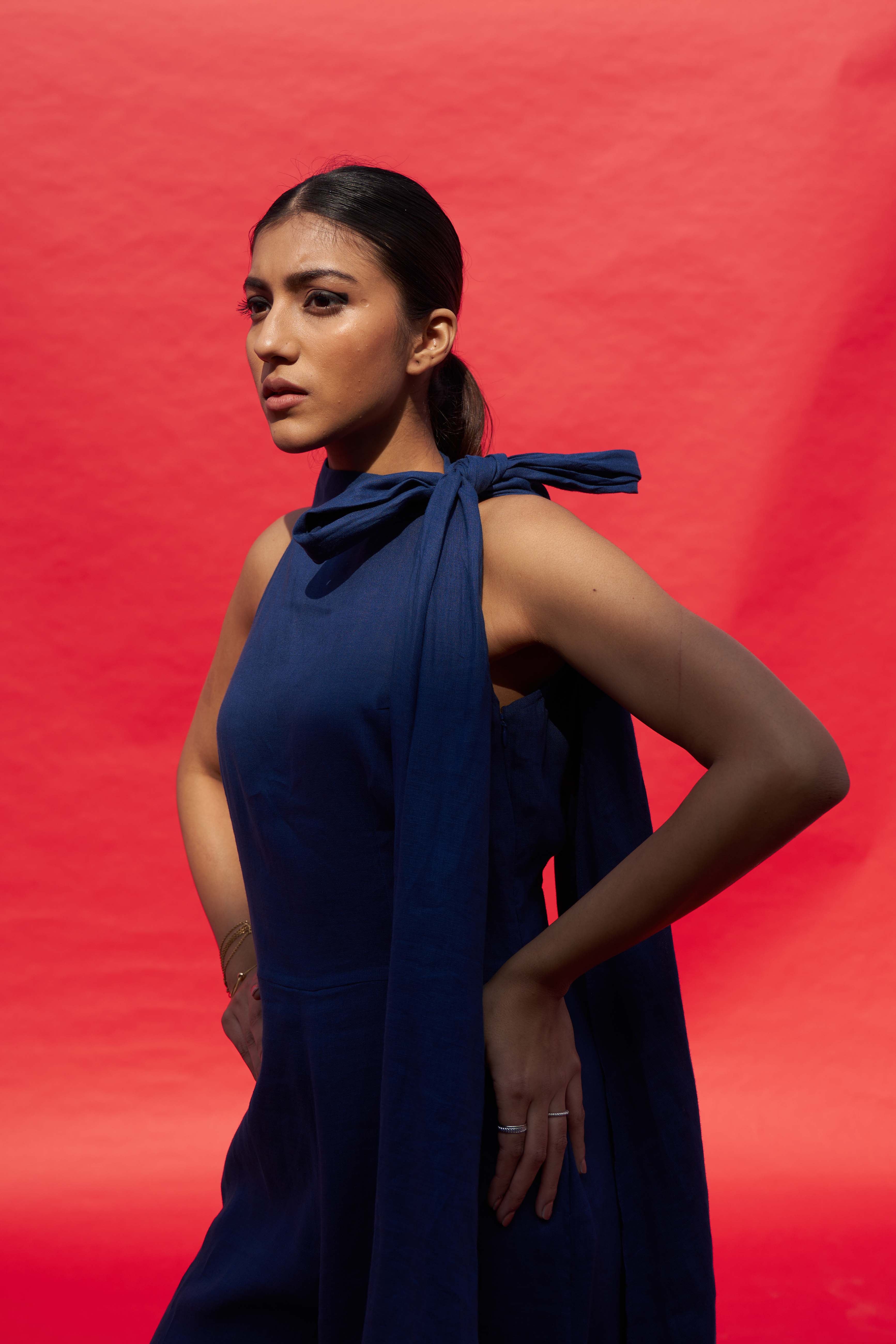 BLUE LINEN APPLIQUE JUMPSUIT
