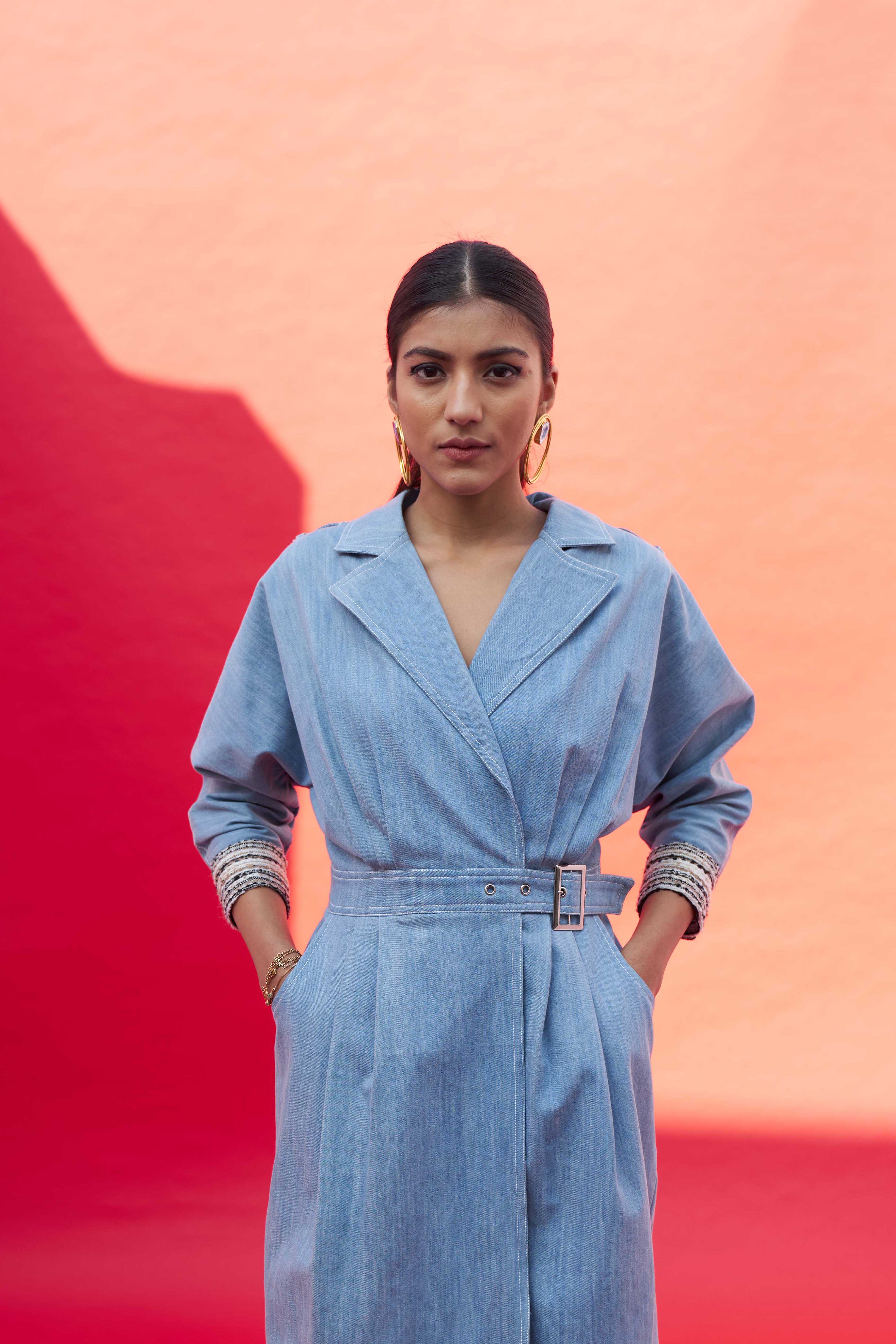 SKY BLUE DENIM TWEED TRENCH DRESS