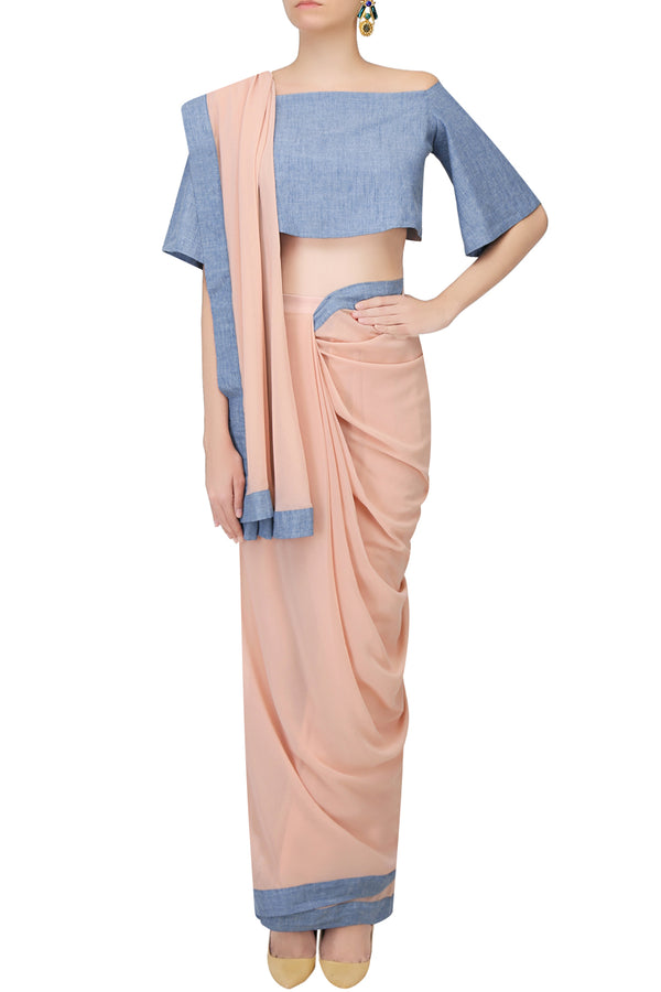 SALMON PINK AND DENIM BORDER PANT SAREE