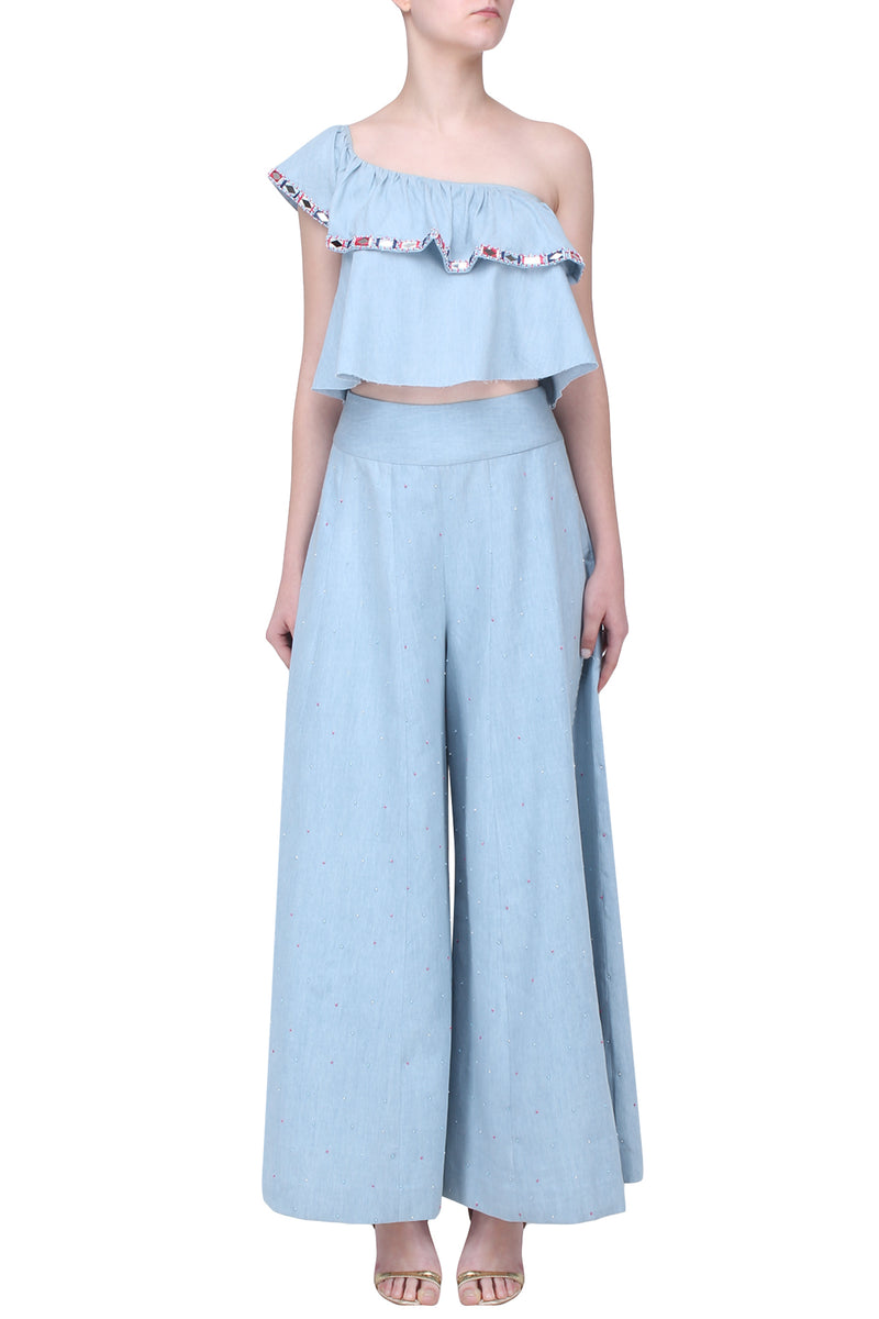 SKY BLUE MIRROR WORK RUFFLE TOP