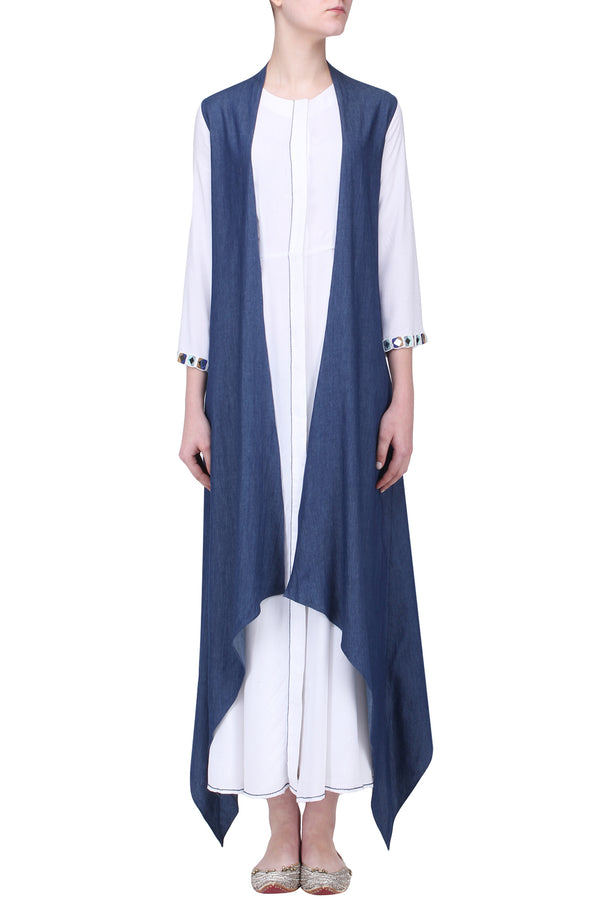 WHITE MIRROR BEADED EMBROIDERED TUNIC WITH TRENCHCOAT