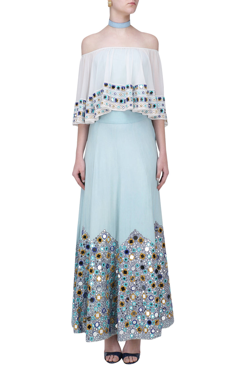 SKY BLUE MIRROR EMBROIDERED DENIM SKIRT