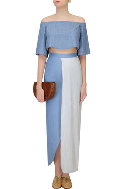 BLUE AND WHITE HALF PLEATED DENIM WRAP AROUND SKIRT