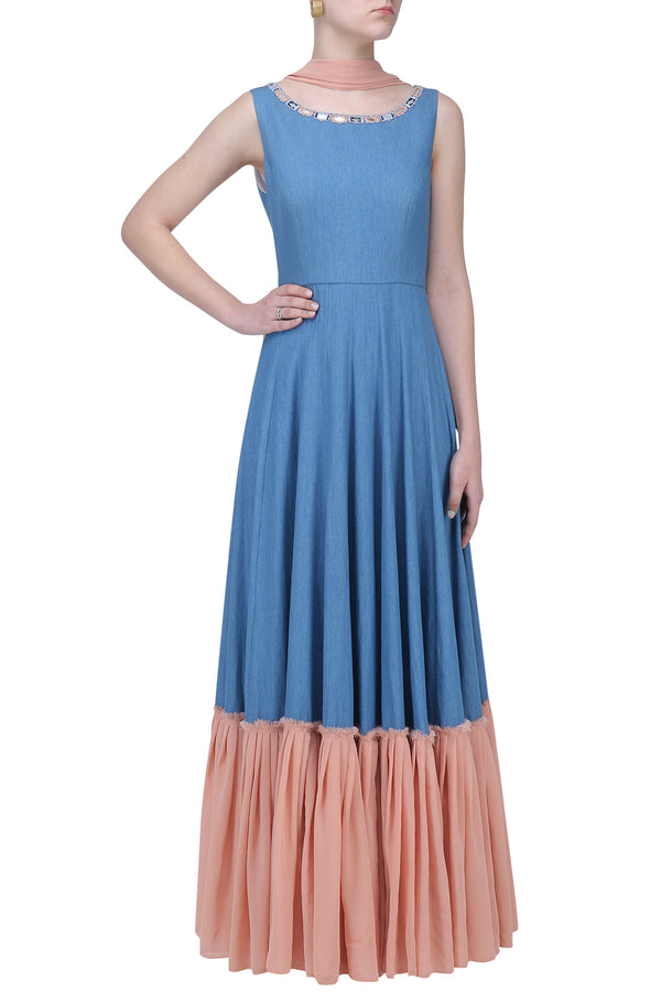 MEDIUM BLUE AND SALMON PINK GOWN