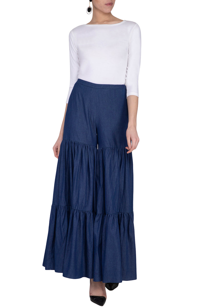 BLUE WASHED DENIM SHARARA PANT