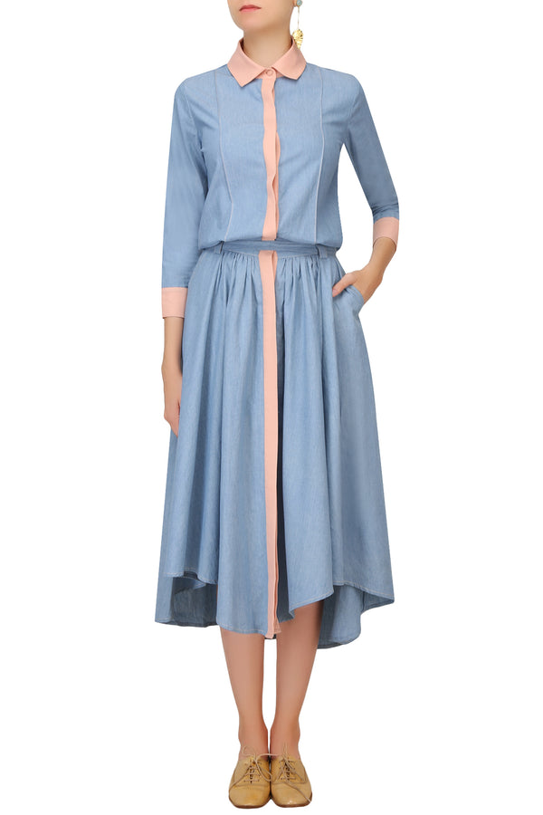 BLUE AND SALMON PINK FLARED MIDI DRESS