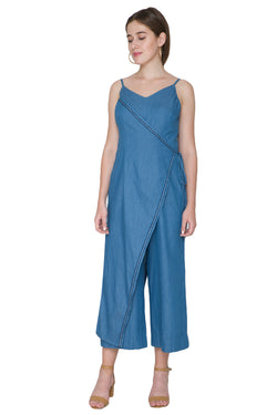 COBALT BLUE DENIM EMBROIDERED JUMPSUIT