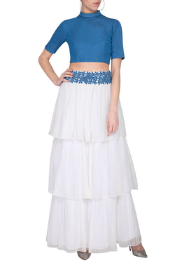 WHITE AND BLUE EMBROIDERED RUFFLE SKIRT