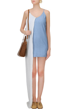 LIGHT BLUE AND WHITE HALF DENIM PLEATED DRESS