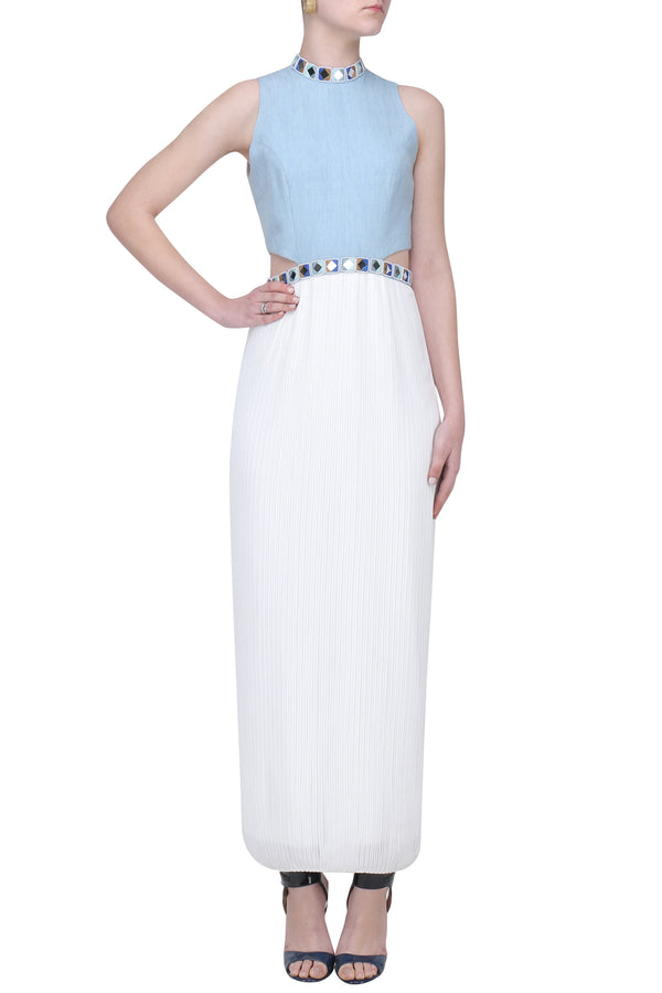 SKY BLUE AND WHITE MIRROR EMBROIDERED PLEATED GOWN
