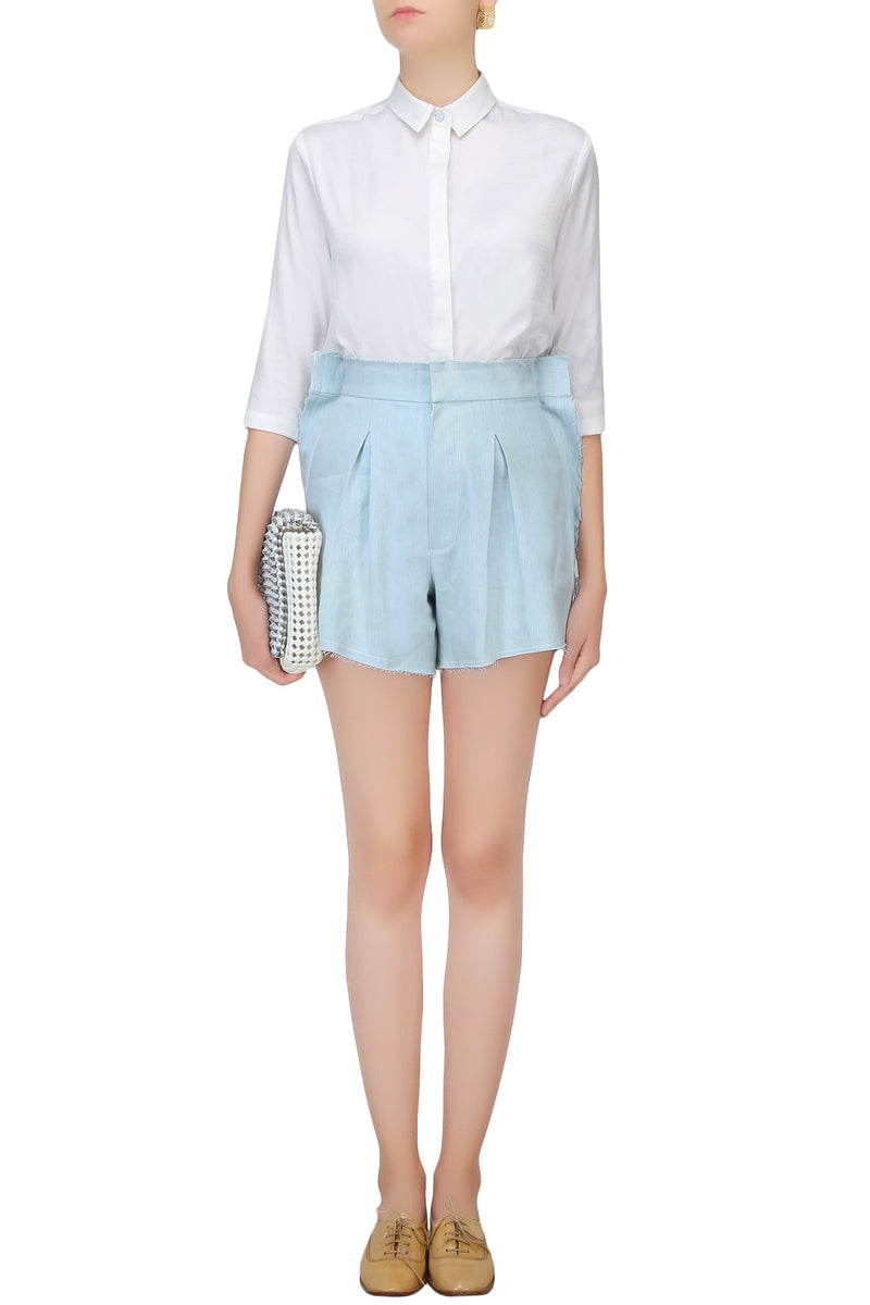 POWDER BLUE WASHED DENIM SHORTS WITH FRILL EDGE