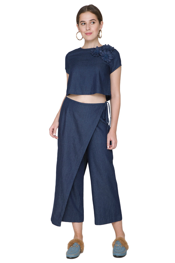 COBALT BLUE DENIM EMBROIDERED CULLOTTE PANT