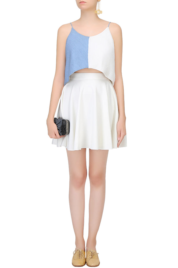 BLUE AND WHITE HALF PLEATED DENIM CROP TOP