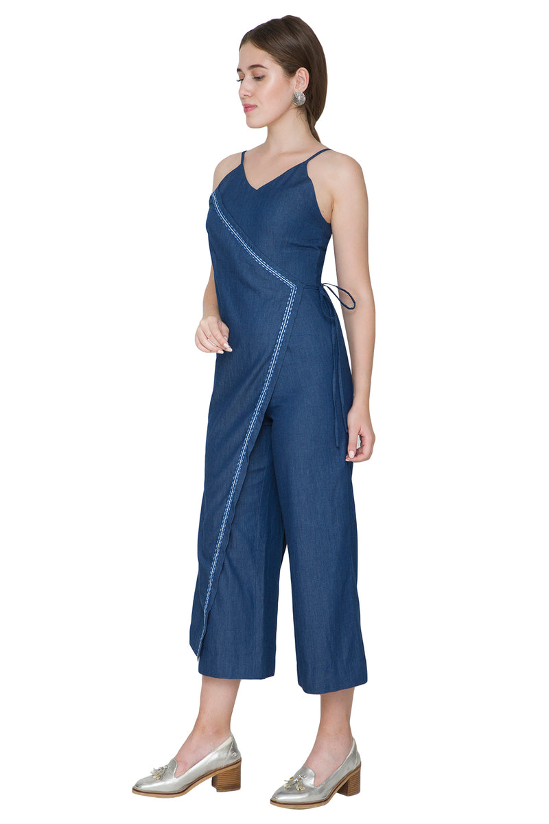 DARK BLUE DENIM EMBROIDERED JUMPSUIT