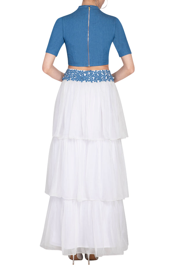 WHITE AND BLUE EMBROIDERED RUFFLE SKIRT