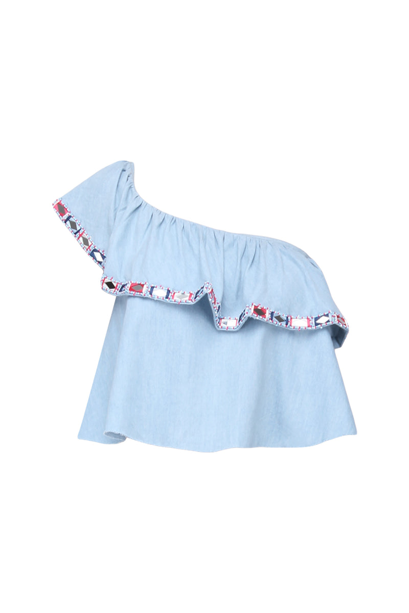 SKY BLUE MIRROR WORK RUFFLE TOP