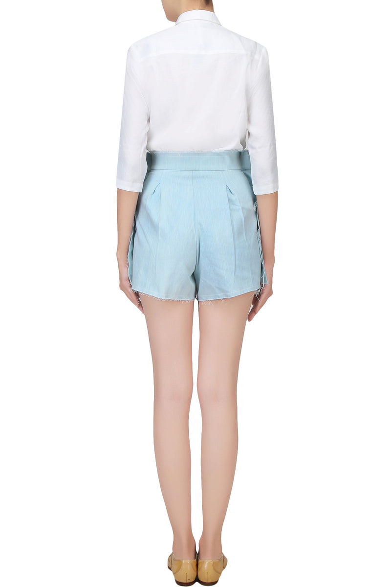 POWDER BLUE WASHED DENIM SHORTS WITH FRILL EDGE