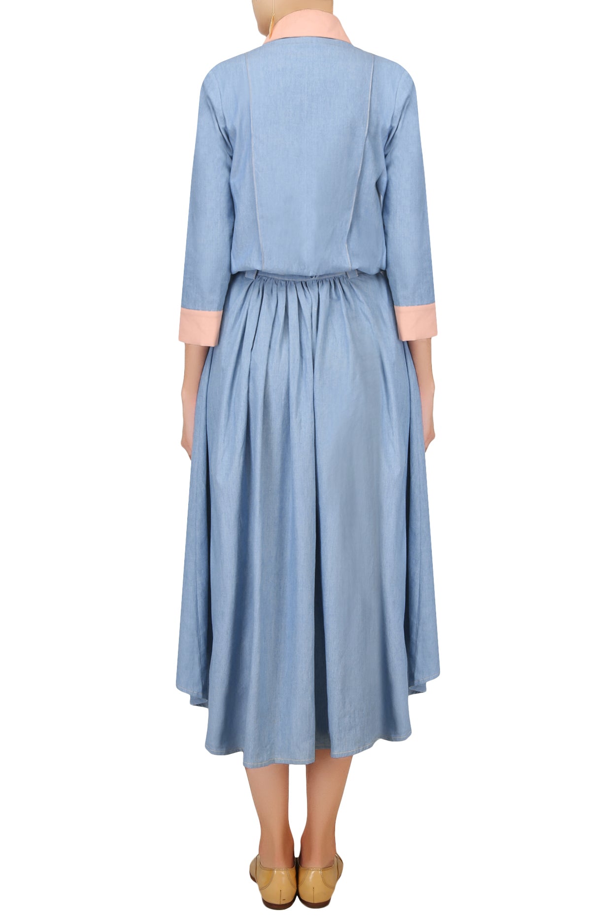 BLUE AND SALMON PINK FLARED MIDI DRESS