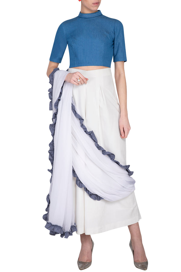 WHITE AND BLUE EMBROIDERED RUFFLE SAREE