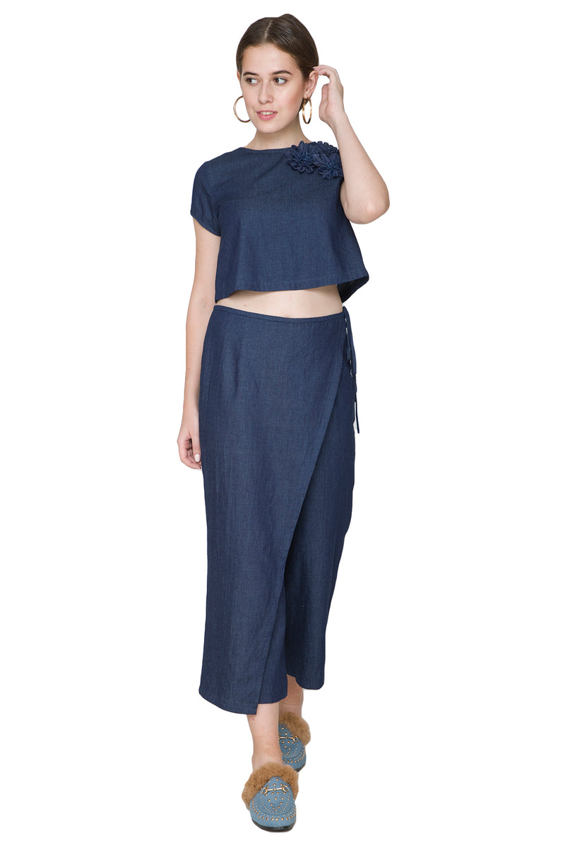 COBALT BLUE DENIM EMBROIDERED CULLOTTE PANT