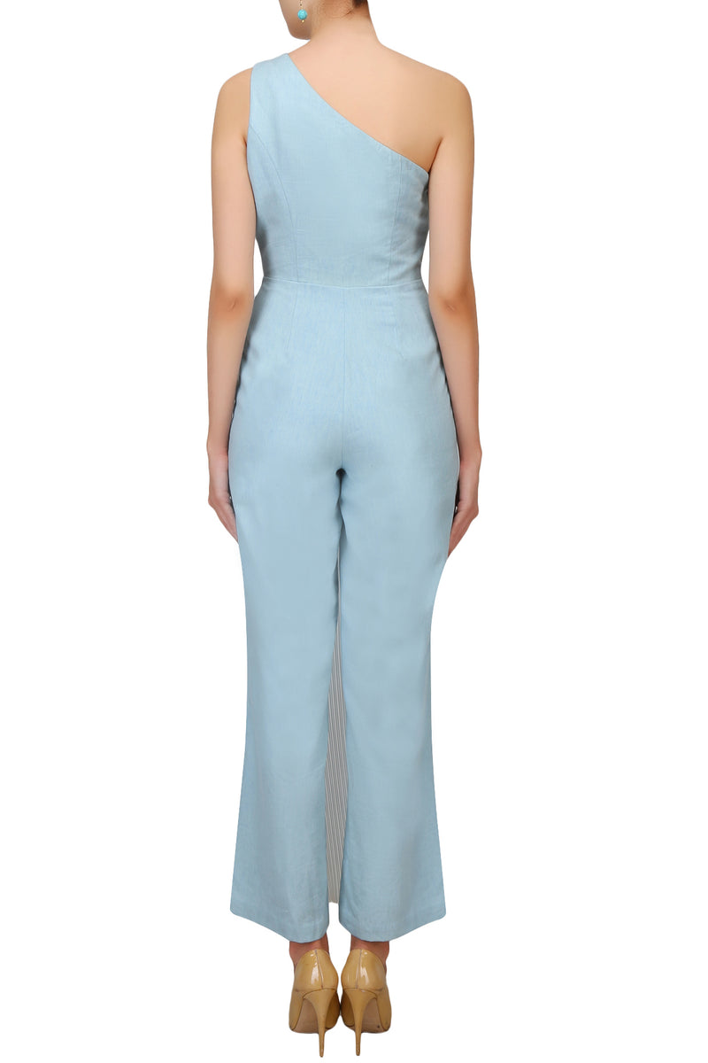 LIGHT BLUE HALF DENIM PLEATED JUMPSUIT