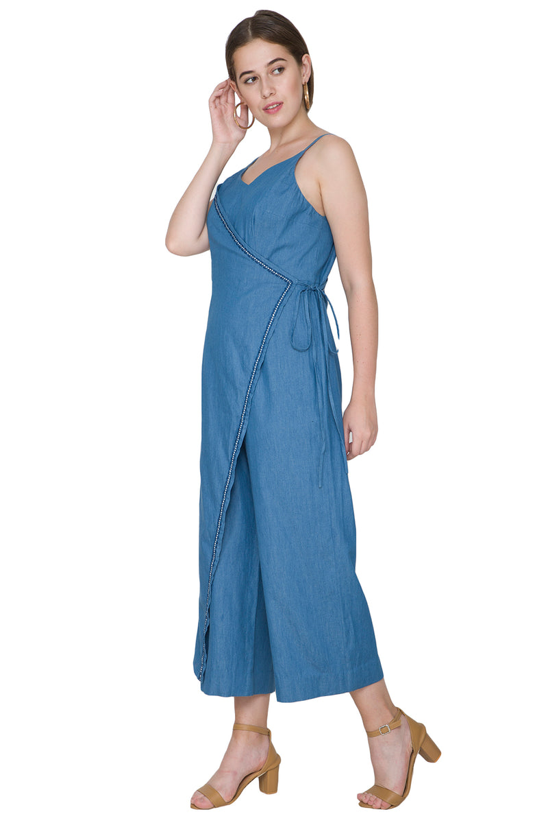 COBALT BLUE DENIM EMBROIDERED JUMPSUIT