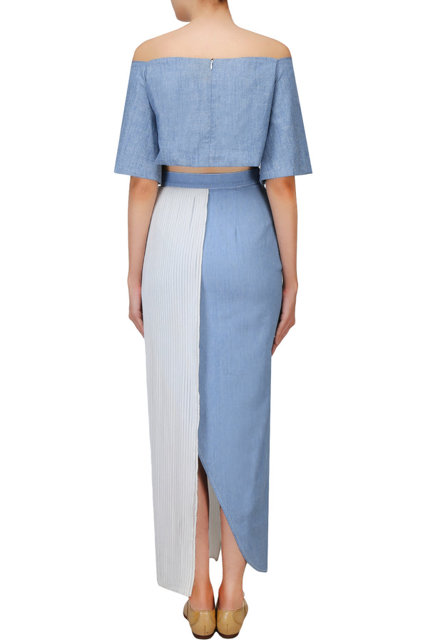 BLUE AND WHITE HALF PLEATED DENIM WRAP AROUND SKIRT