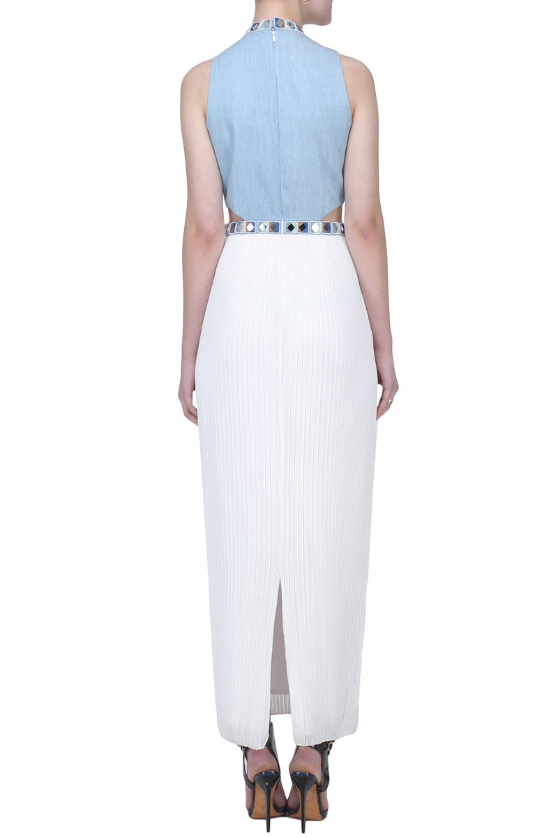 SKY BLUE AND WHITE MIRROR EMBROIDERED PLEATED GOWN