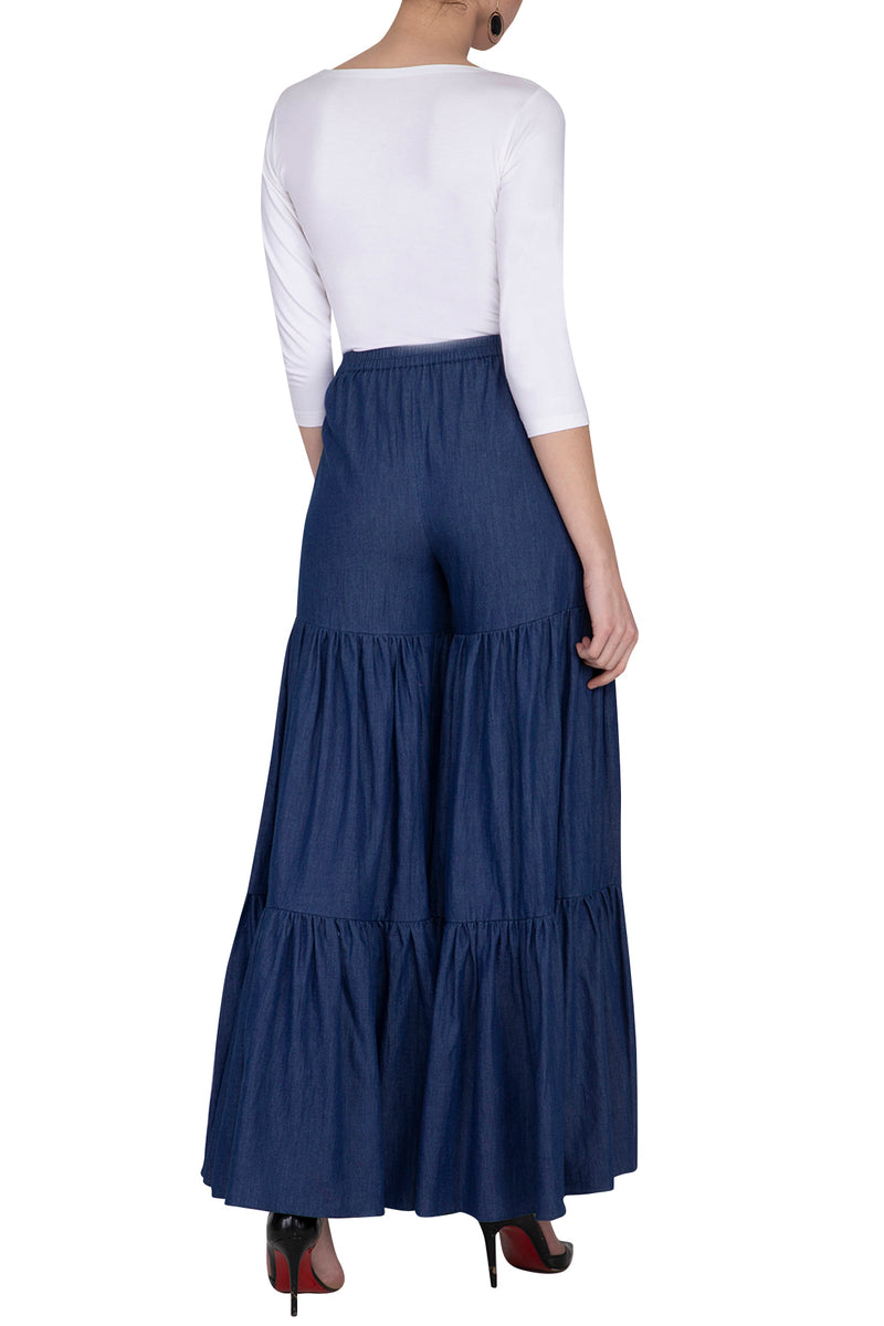 BLUE WASHED DENIM SHARARA PANT