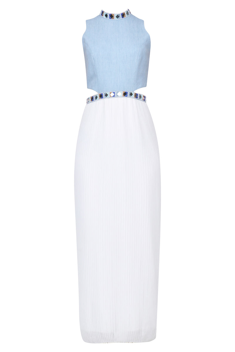 SKY BLUE AND WHITE MIRROR EMBROIDERED PLEATED GOWN