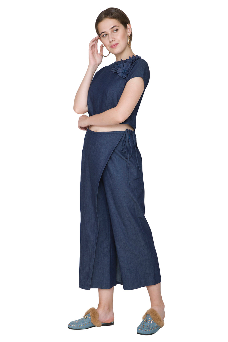 COBALT BLUE DENIM EMBROIDERED CULLOTTE PANT