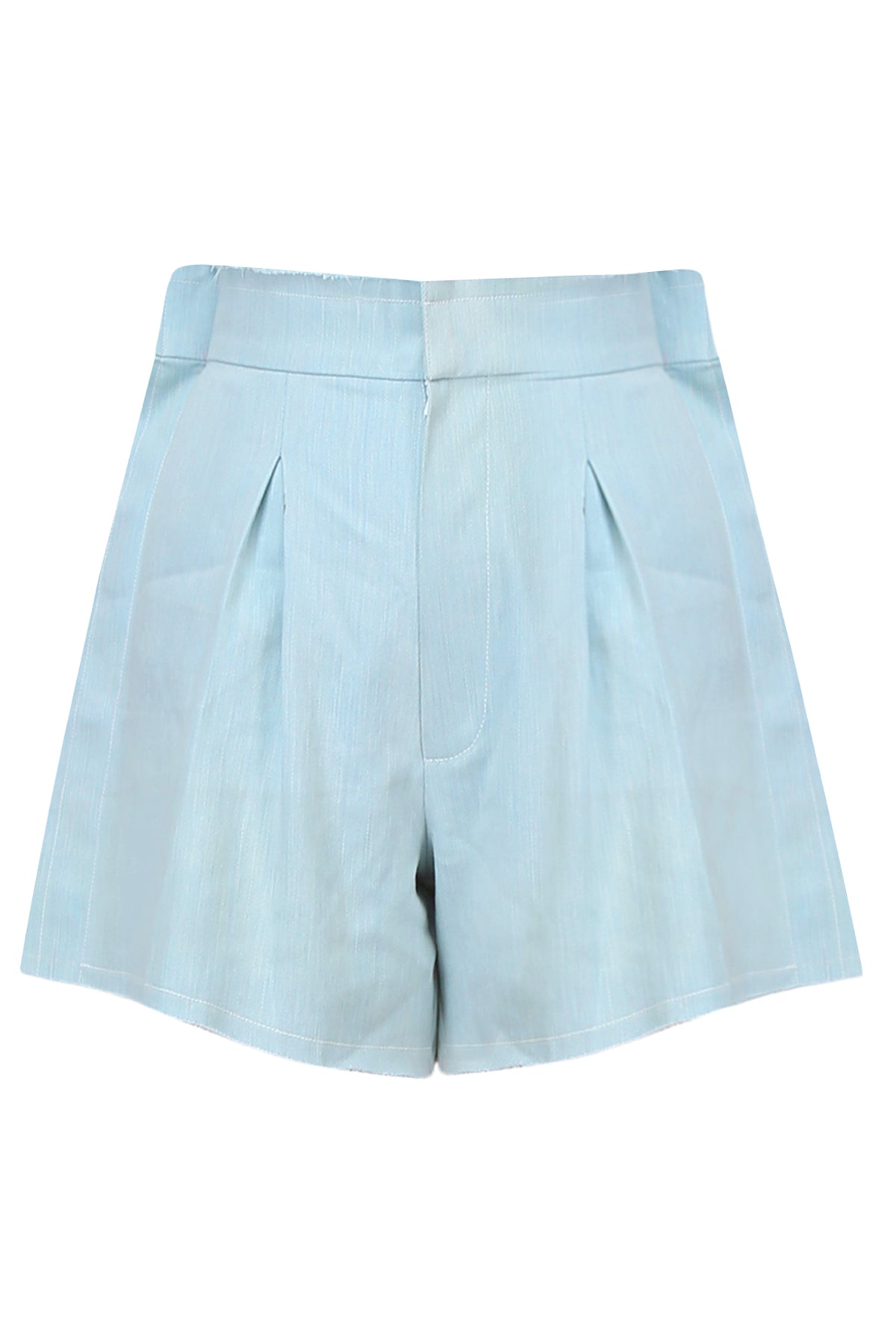 POWDER BLUE WASHED DENIM SHORTS WITH FRILL EDGE