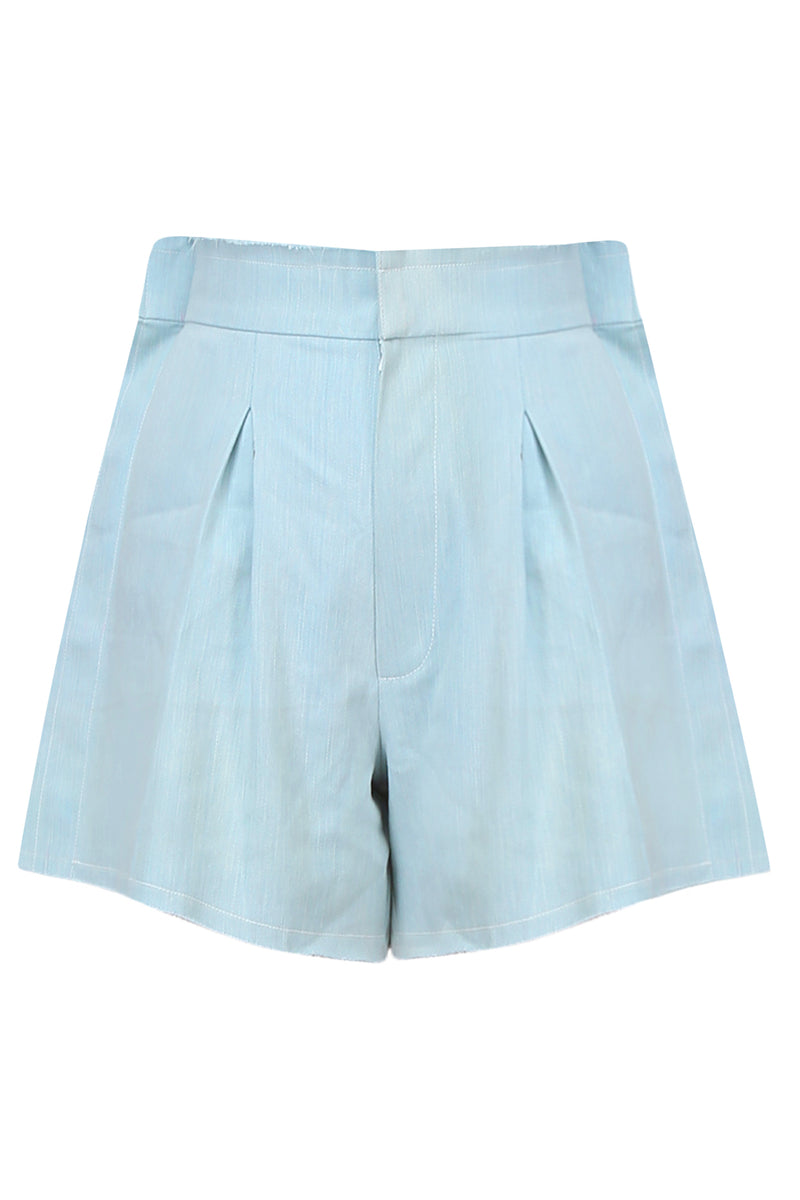 POWDER BLUE WASHED DENIM SHORTS WITH FRILL EDGE