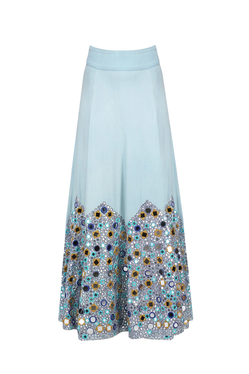 SKY BLUE MIRROR EMBROIDERED DENIM SKIRT