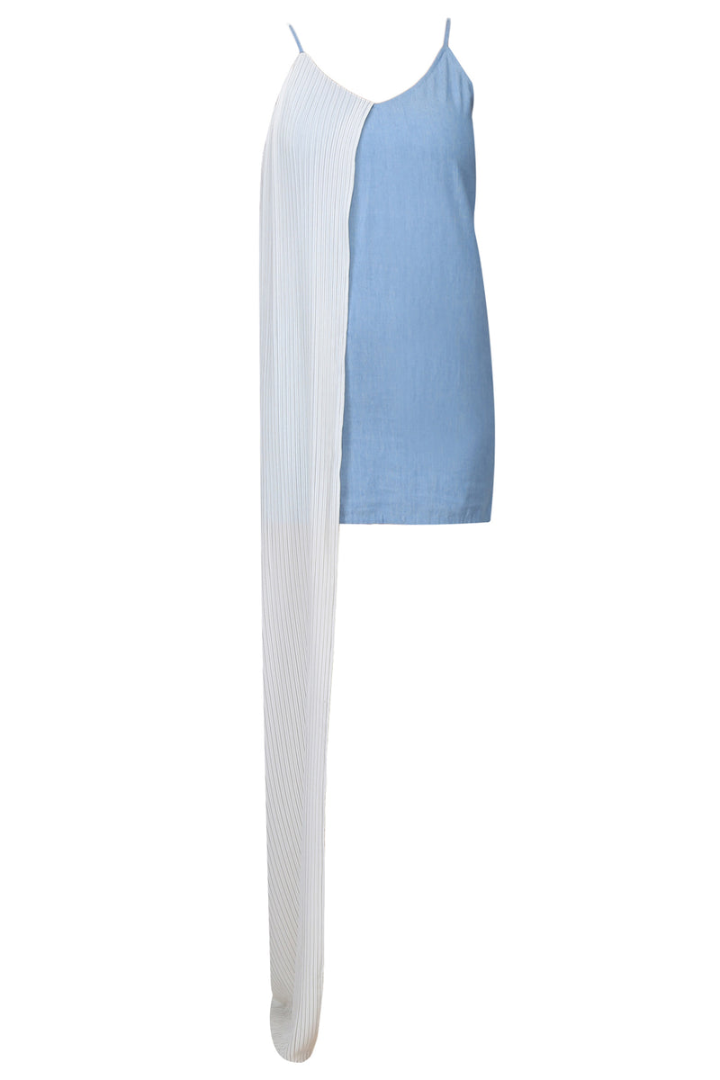 LIGHT BLUE AND WHITE HALF DENIM PLEATED DRESS