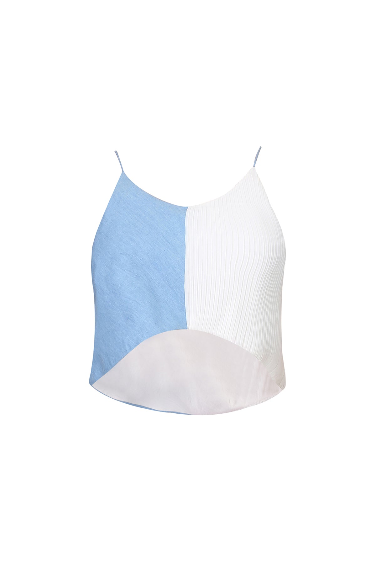 BLUE AND WHITE HALF PLEATED DENIM CROP TOP
