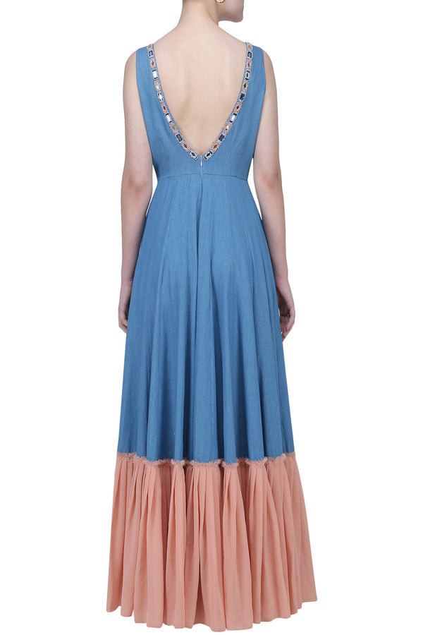 MEDIUM BLUE AND SALMON PINK GOWN