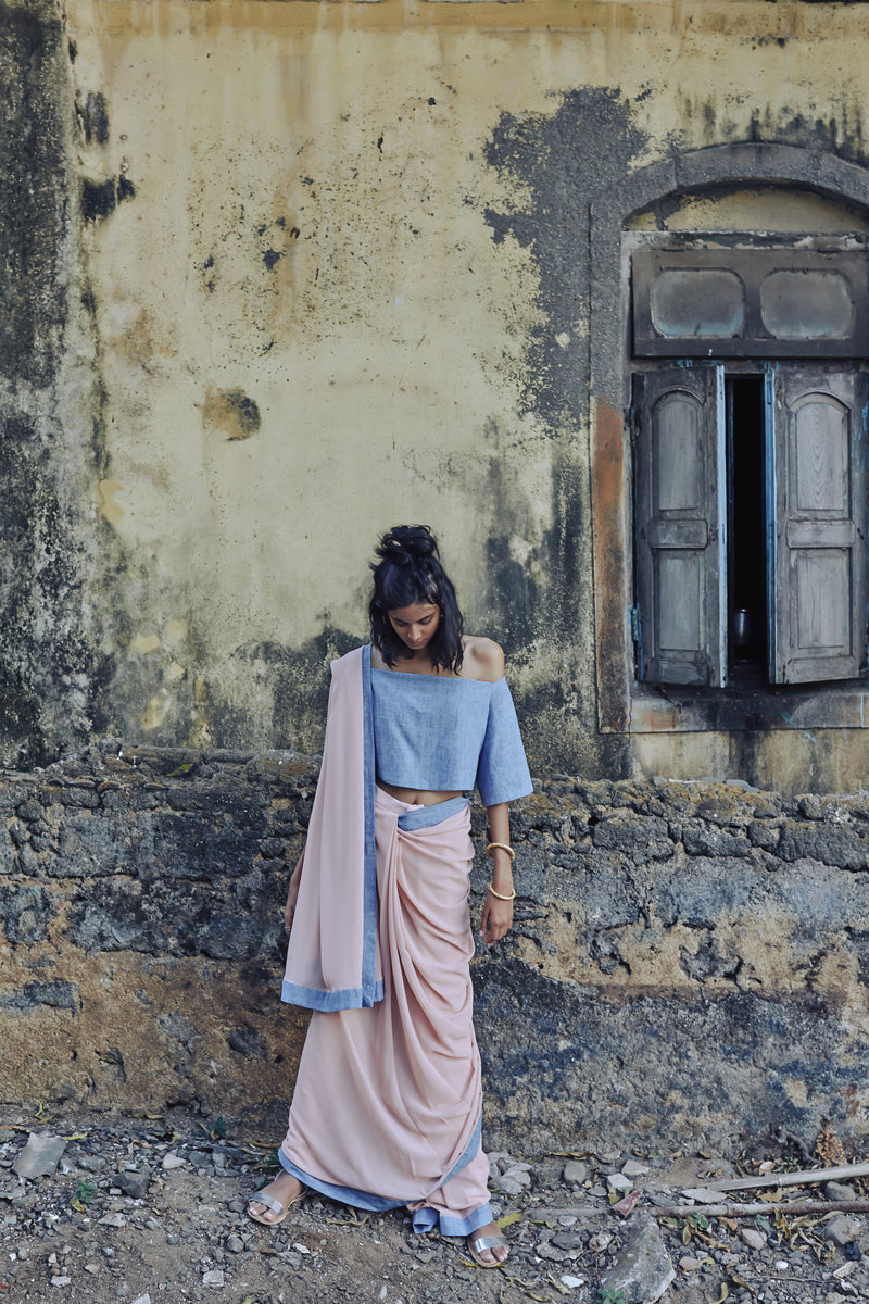 SALMON PINK AND DENIM BORDER PANT SAREE