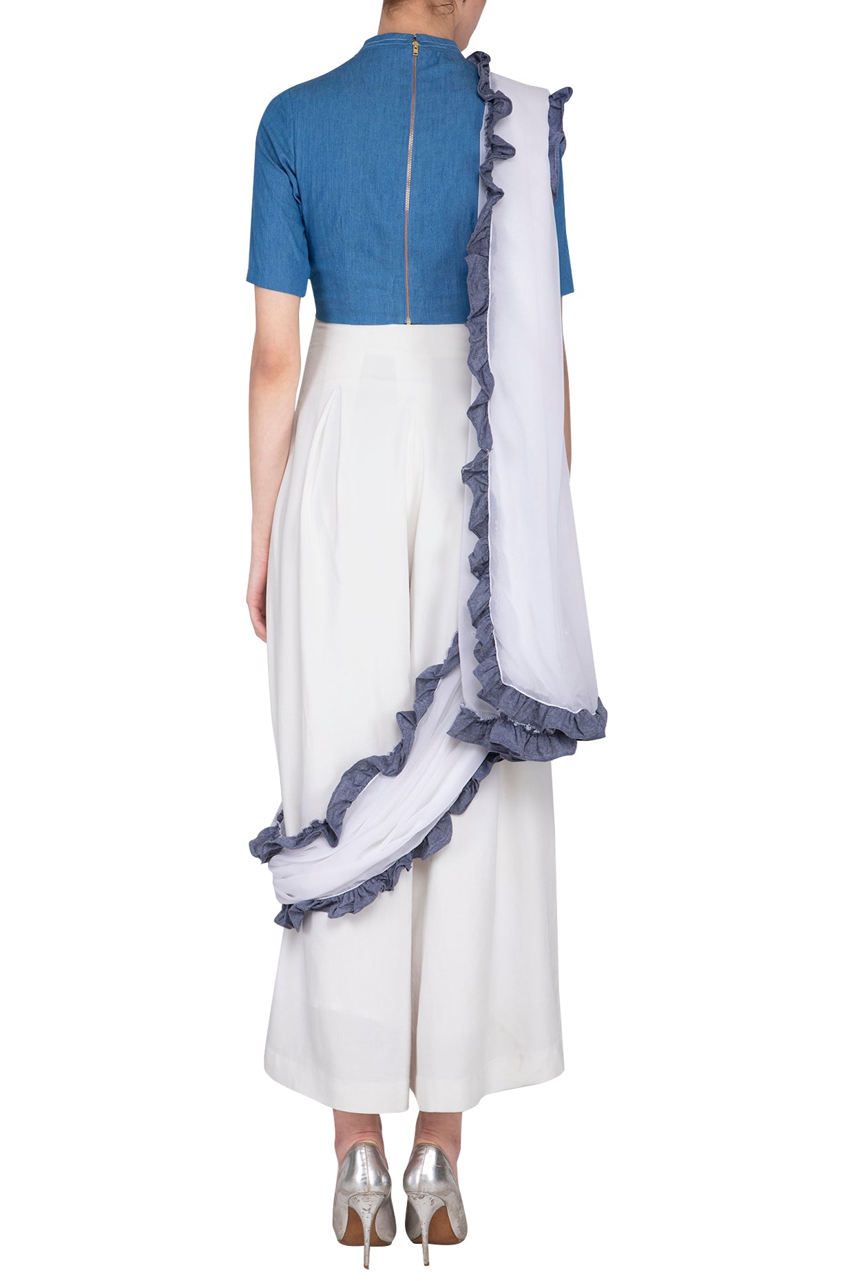 WHITE AND BLUE EMBROIDERED RUFFLE SAREE