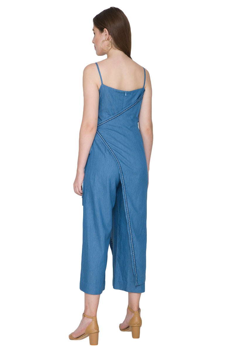 COBALT BLUE DENIM EMBROIDERED JUMPSUIT