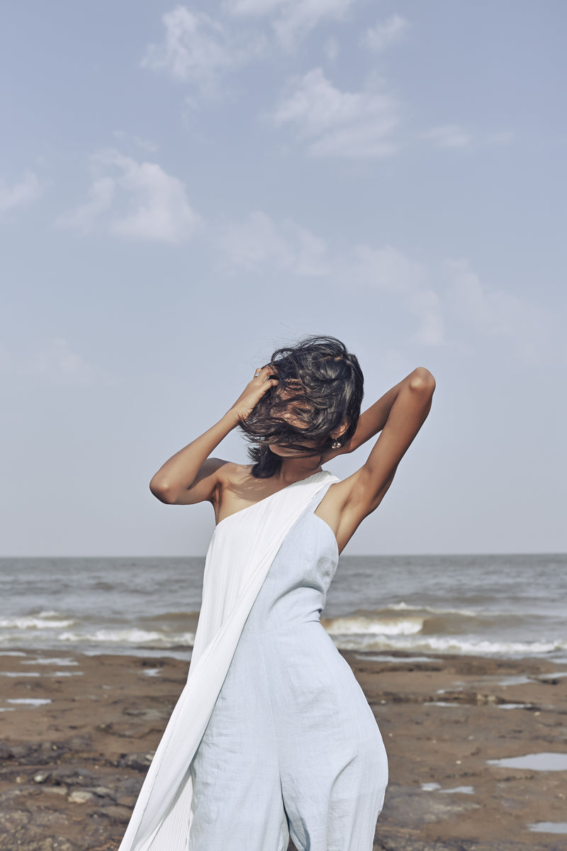 LIGHT BLUE HALF DENIM PLEATED JUMPSUIT