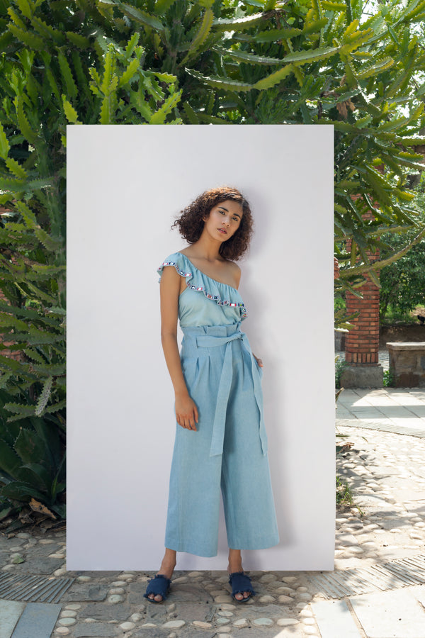 SKY BLUE MIRROR WORK RUFFLE TOP