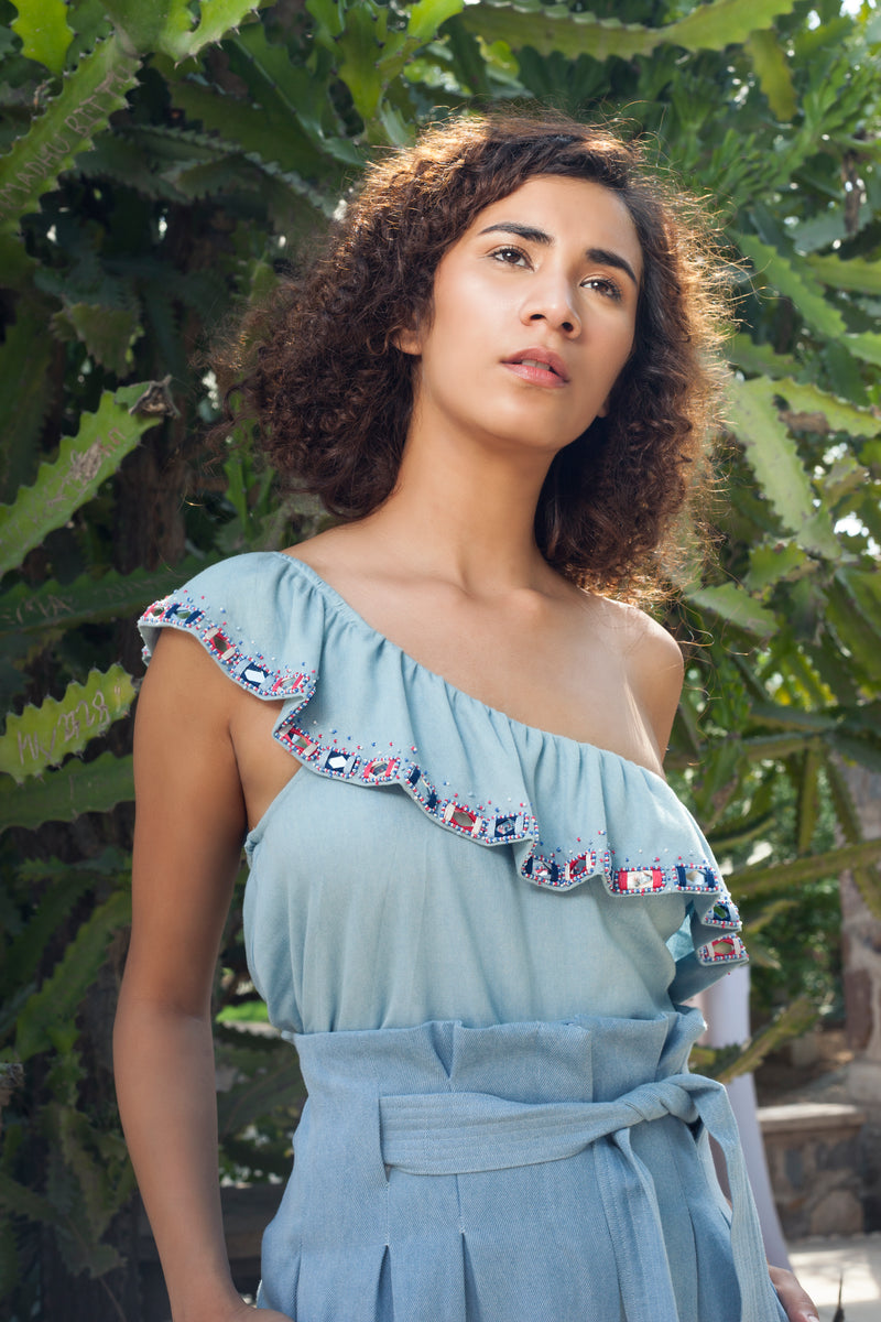 SKY BLUE MIRROR WORK RUFFLE TOP