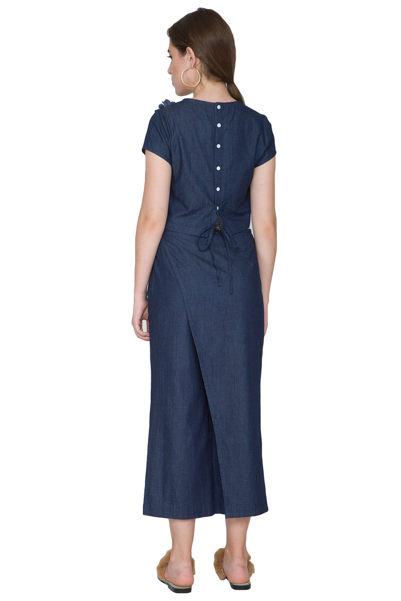 COBALT BLUE DENIM EMBROIDERED CULLOTTE PANT