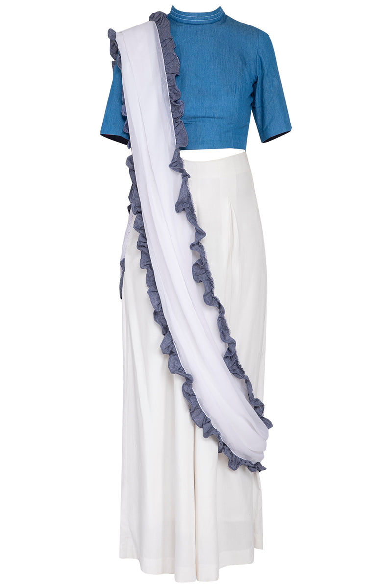 WHITE AND BLUE EMBROIDERED RUFFLE SAREE