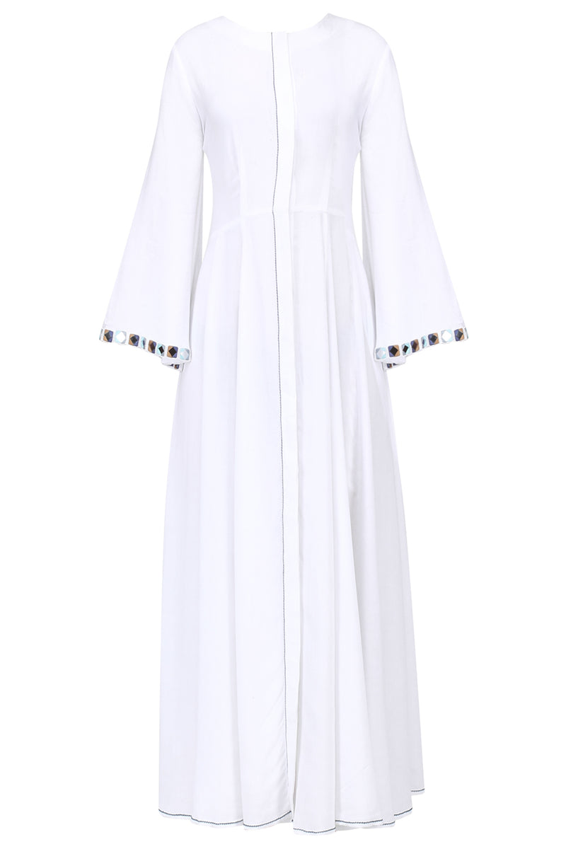 WHITE MIRROR BEADED EMBROIDERED TUNIC WITH TRENCHCOAT