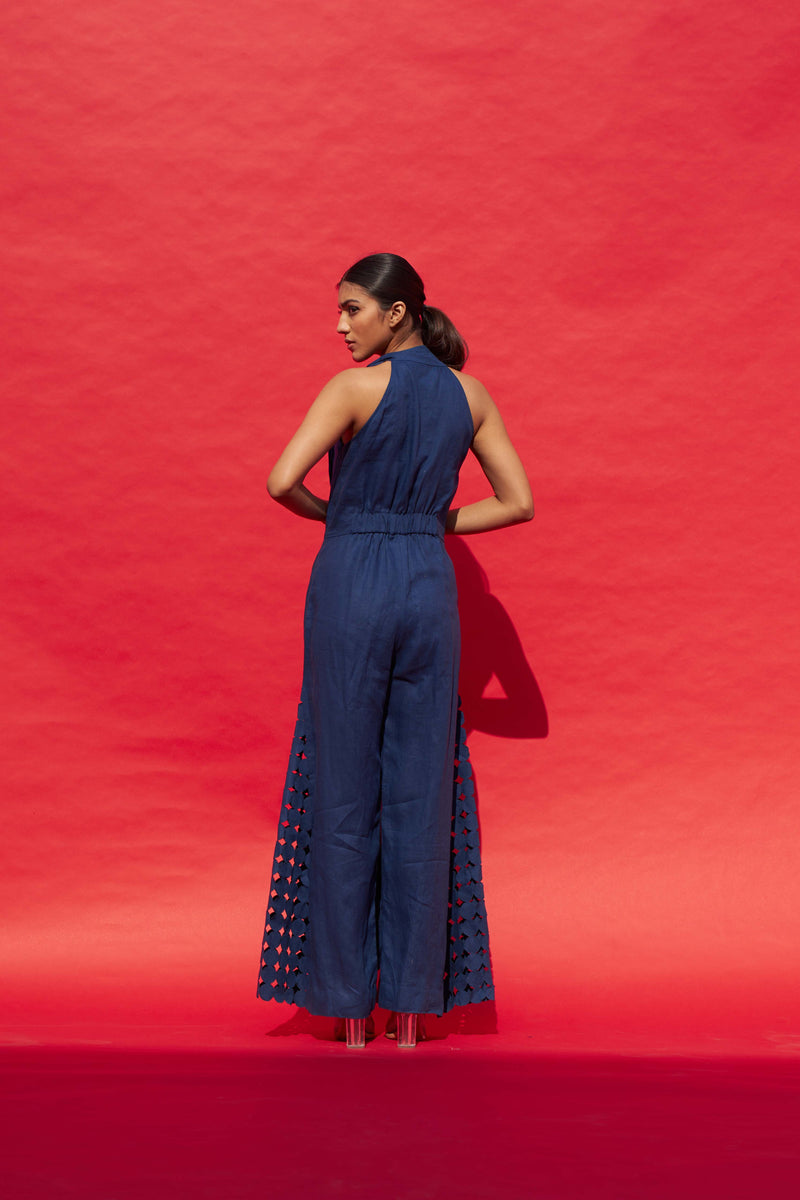 BLUE LINEN APPLIQUE JUMPSUIT