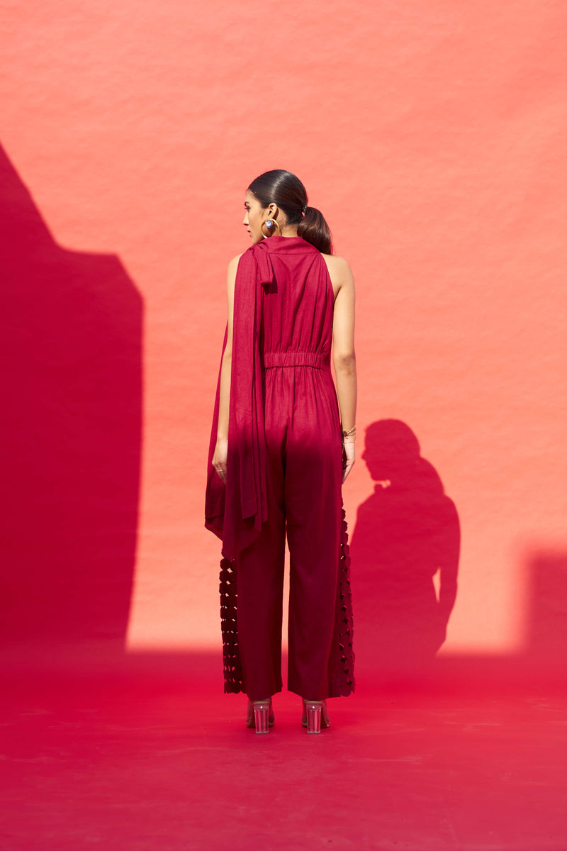 RED LINEN APPLIQUE JUMPSUIT