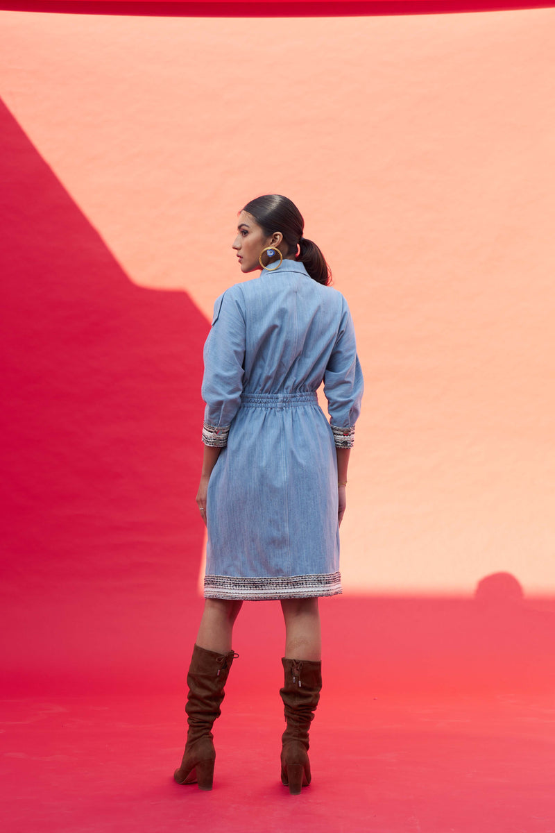 SKY BLUE DENIM TWEED TRENCH DRESS